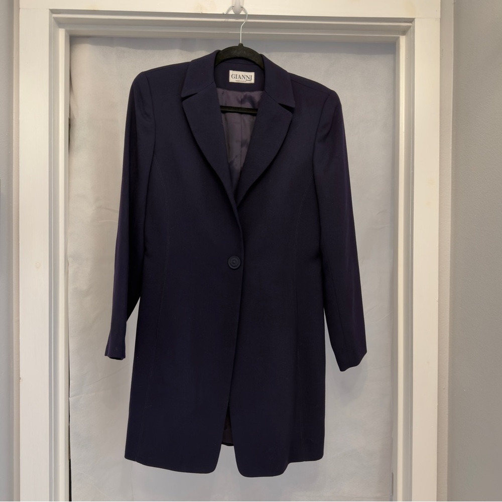 Gianni Sport Navy Long Blazer Coat Womens 6 USA Made Classic Single Button